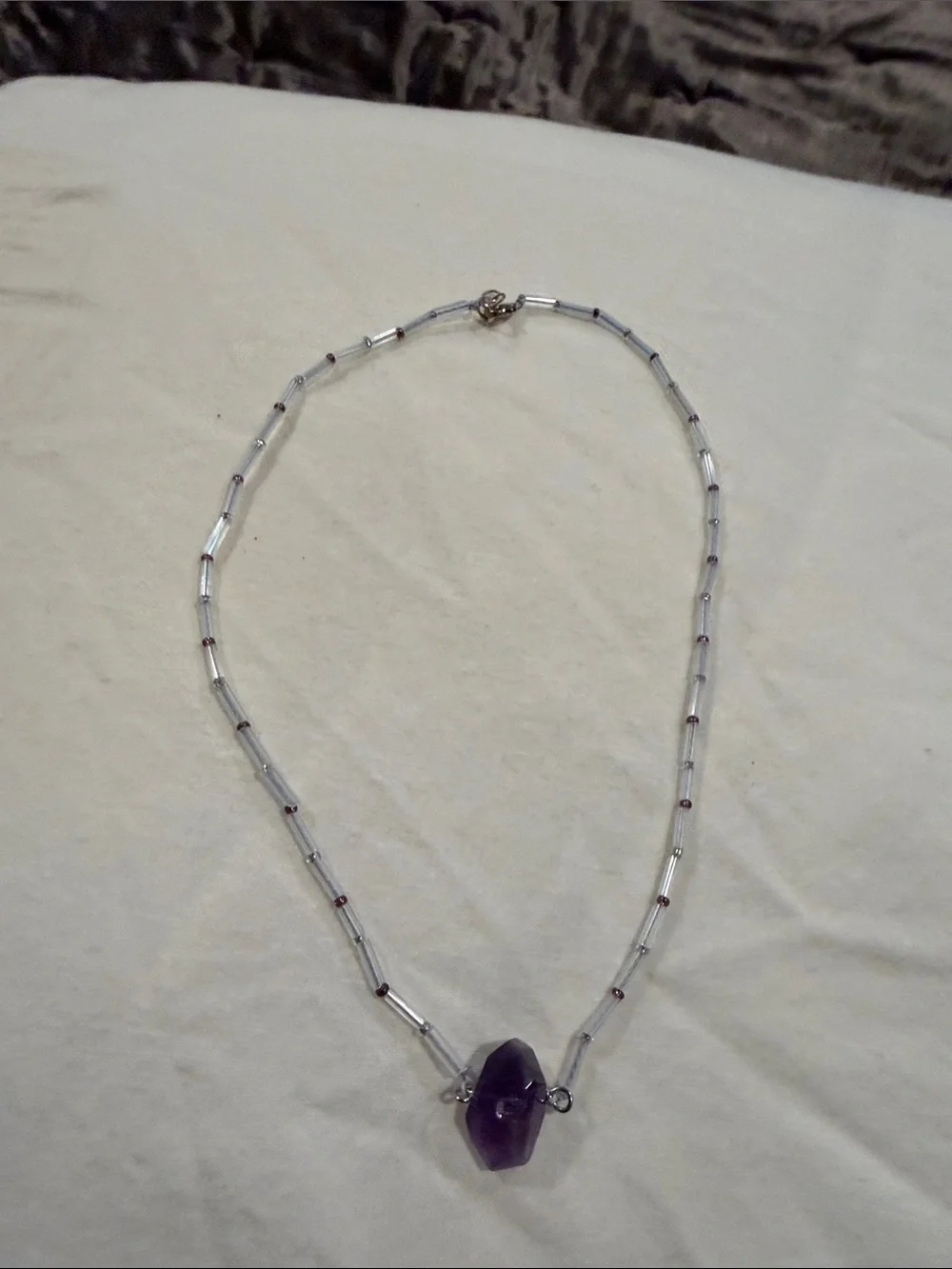 Purple Amethyst Pendant Beaded Choker Necklace - 925 silver clasp